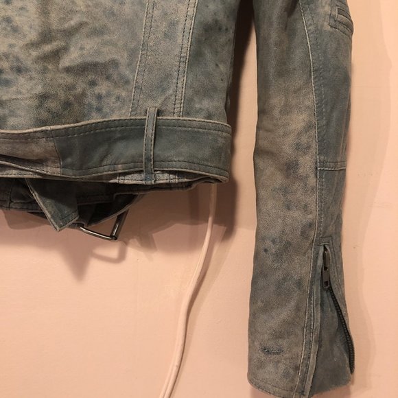 GESTUZ Leather Trompe L’Oeil Denim-look Biker Jacket Ombré Teal Y2K Slim Fit - Picture 3 of 6